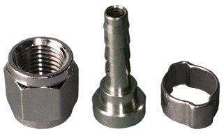 Króciec z zaciskiem na wąż 4 mm + nakrętka Króciec z zaciskiem na wąż 4 mm + nakrętka